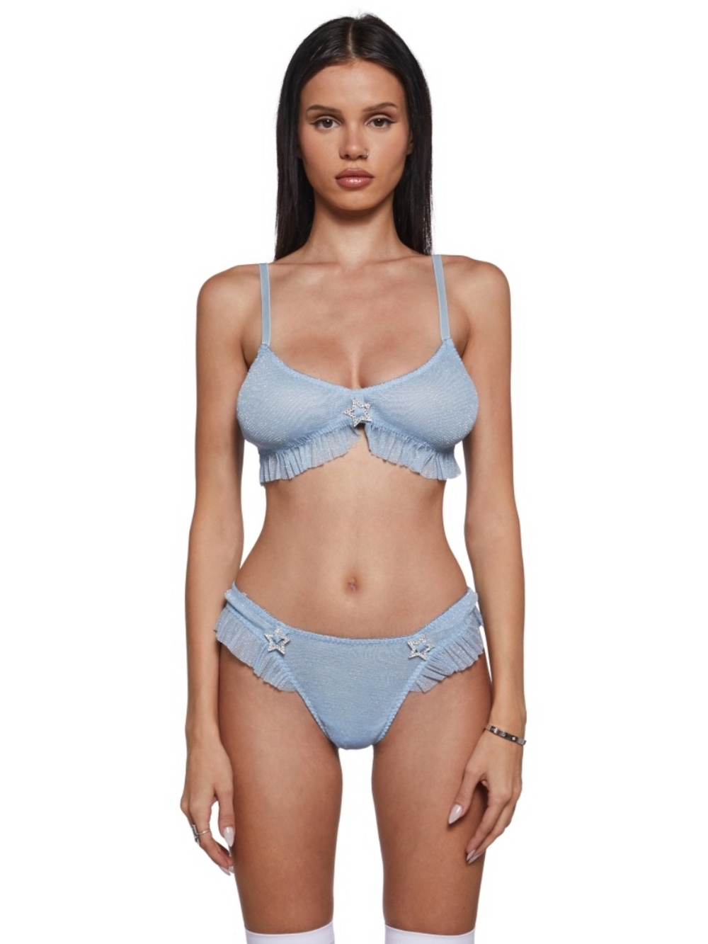 Sugar Thrillz Light Blue Ruffle Knit Bralette & Bikini Set